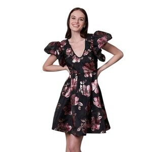 Ranna Gill Black Pink Jacquard Metallic Floral Dress Puff Sleeve Tie Back
